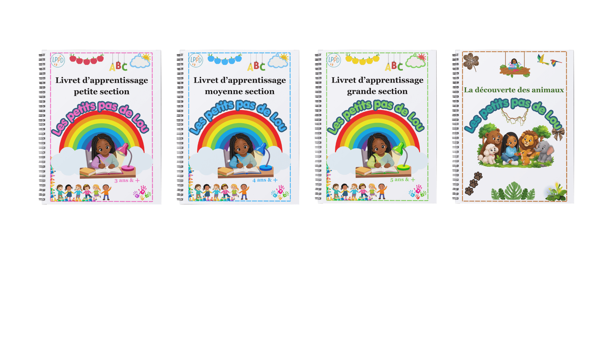Les quatre livrets Les Petits Pas de Lou : petite section, moyenne section, grande section et découverte des animaux